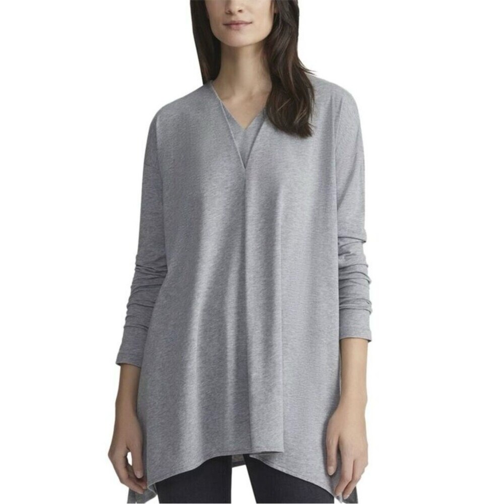 Lafayette 148 Gray Double V Neck Asymmetrical Long Sleeve Tunic Top Size Small